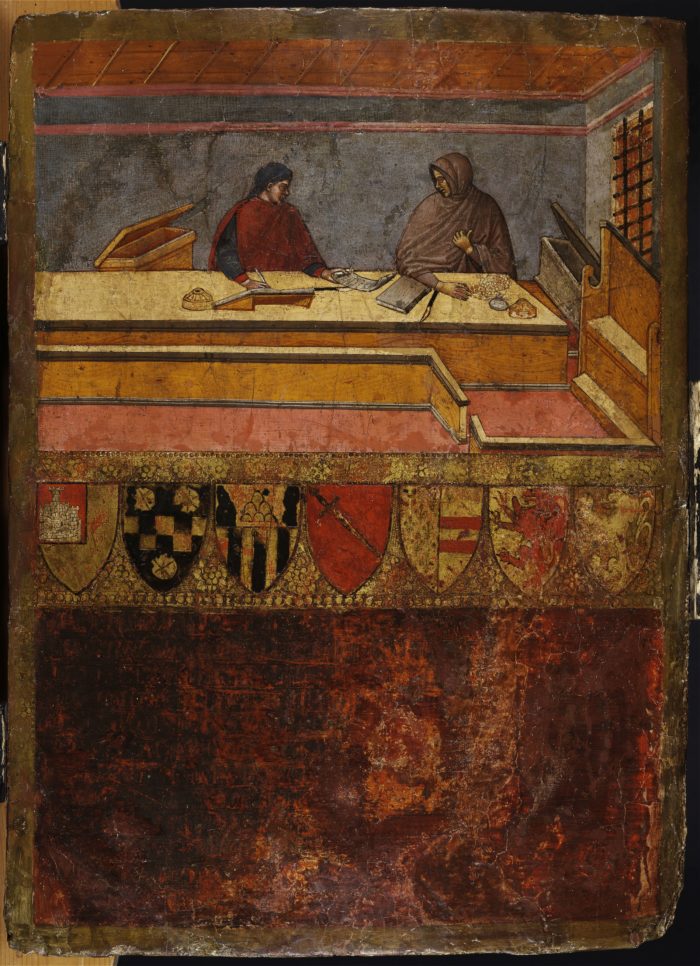 Guido di Domenico di Tantuccio: A kamarás és az írnok (Könyvfedél Siena város Biccherna hivatalának számadáskönyvéhez