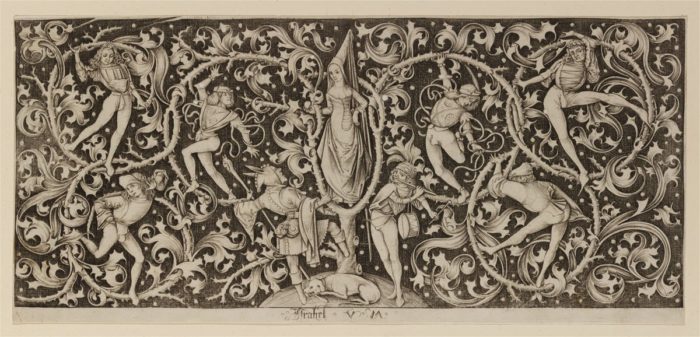 Israhel van Meckenem: Ornamentális dísz táncosokkal, 15. század
