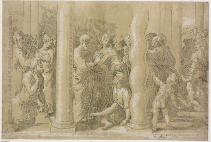 Parmigianino Raffaello után: Szent Péter és Szent János meggyógyítja a bénákat a templom kapujában, 1524-1527 körül