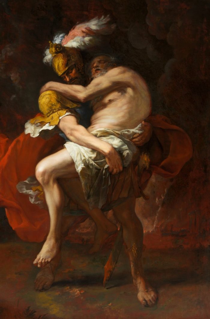 Johann Heinrich Schönfeld: Aeneas kimenti Anchisest az égő Trójából 