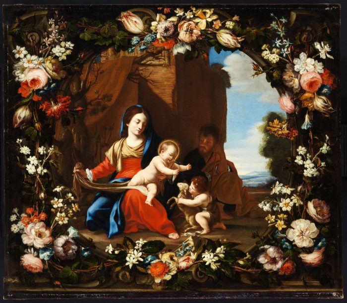 Rómában működő festők: Pihenő Szent Család a gyermek Keresztelő Szent Jánossal virágfüzérben, 1626 után