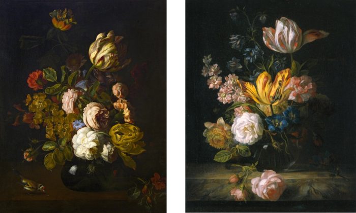 Stranover Tóbiás: Virágcsokor vázában és Bogdány Jakab: Virágok üvegvázában, 1700 körül