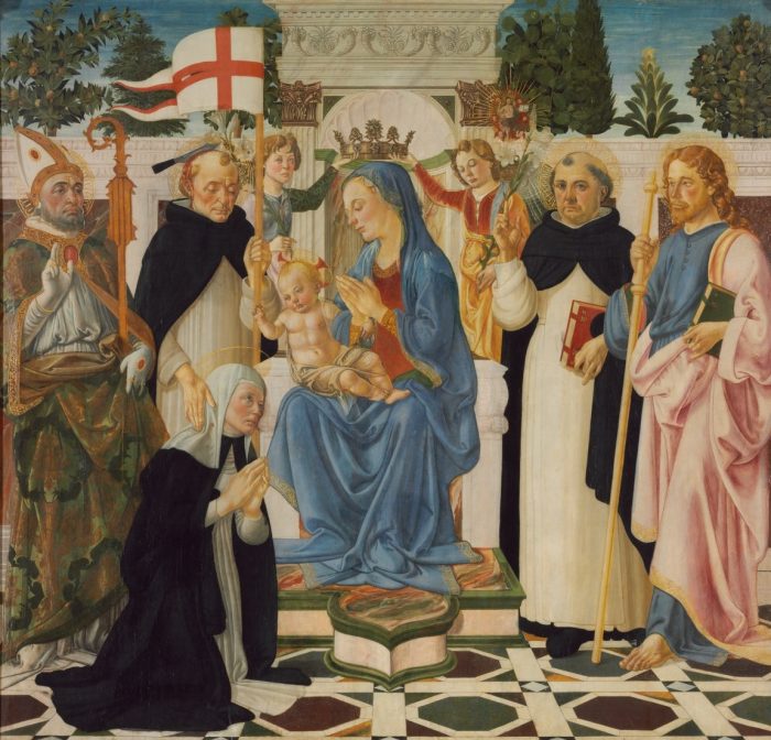 Andrea del Verrocchio: Trónoló Mária gyermekével és szentekkel, 1460-as évek vége