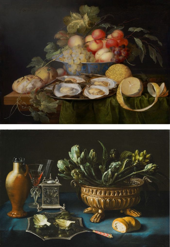 Jan Davidsz. de Heem: Csendélet gyümölcsökkel és osztrigával, 1647 és Alexander Adriaenssen: Csendélet articsókával, 1647