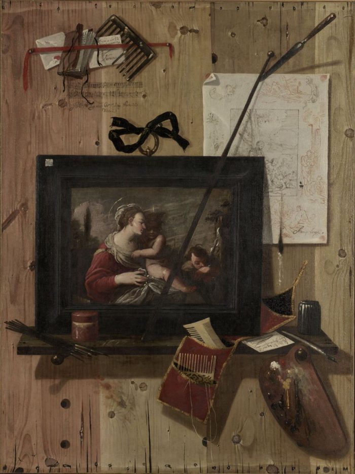 Carlo Leopoldo Sferini: Trompe-l’oeil-csendélet festménnyel, rajzzal és festőszerszámokkal, 1677