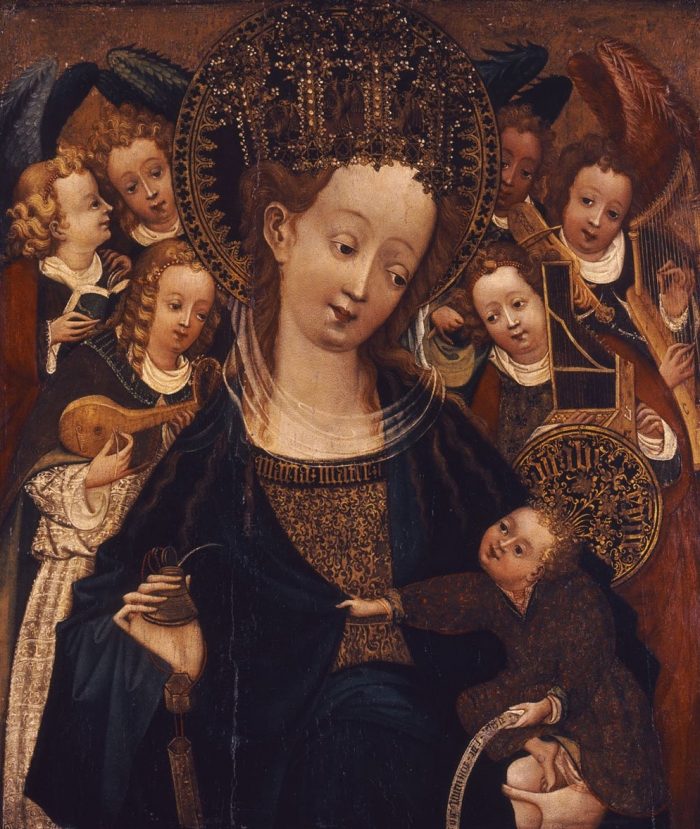 Vesztfáliai festő: Mária gyermekével és hat angyallal, 15. század első negyede